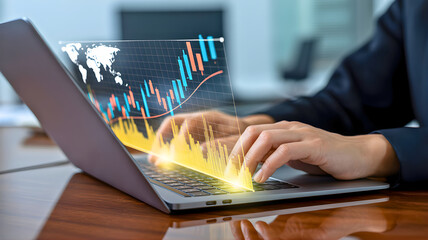 Data Analysis Hands on Laptop with Chart Overlay for Business Growth