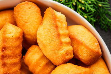 Madeleine sweet biscuit dessert tasty snack fresh delicious gourmet food table setting rustic food top view copy space
