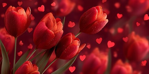 A romantic display of red tulips with heart shaped bokeh against a red gradient background