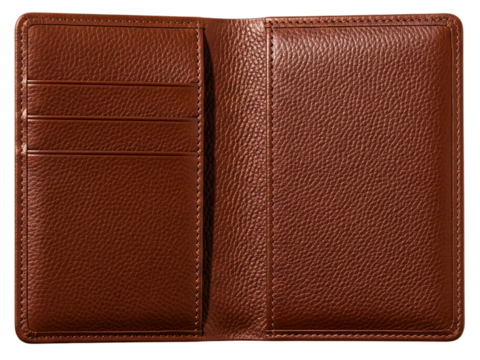 Open brown textured leather passport holder with card slots on a transparent background
