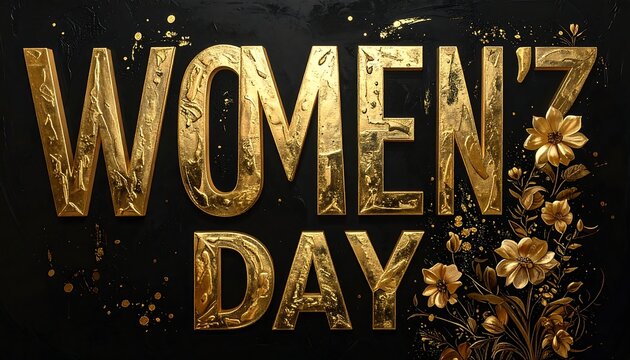 Gold "WOMEN'Z DAY" text alongside stylized golden flowers against a dark, textured background with scattered gold flakes