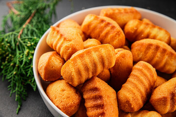 Madeleine sweet biscuit dessert tasty snack fresh delicious gourmet food table setting rustic food top view copy space