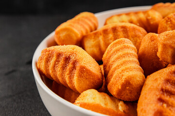 Madeleine sweet biscuit dessert tasty snack fresh delicious gourmet food table setting rustic food top view copy space