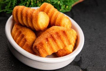Madeleine sweet biscuit dessert tasty snack fresh delicious gourmet food table setting rustic food top view copy space