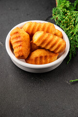 Madeleine sweet biscuit dessert tasty snack fresh delicious gourmet food table setting rustic food top view copy space