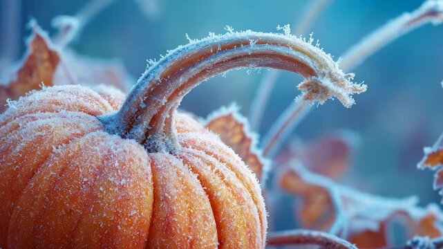A frosted orange pumpkin sits prominently with a textured surface, showcasing its uniqueness. The pumpkin is surrounded by frost, highlighting the pumpkin's features in autumn.