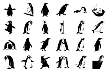 Penguin Silhouette Vector Icons Set: 24 Diverse Poses and Actions