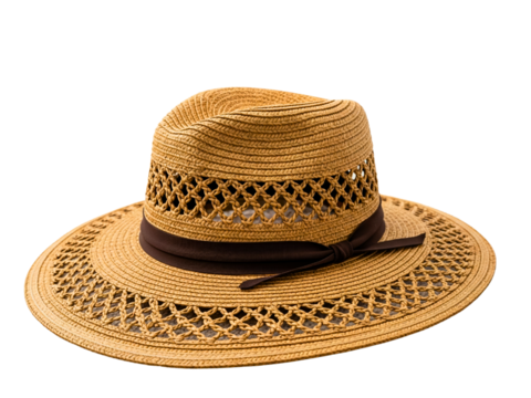Woven straw fedora hat with a latticework brim and ribbon on a transparent background