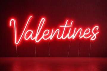 A glowing red neon sign displaying the word valentines against a red background in a studio setting