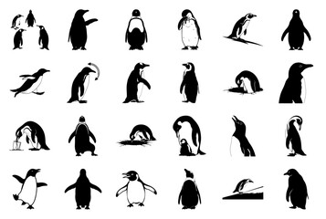 Penguin Silhouette Vector Icons Set: 24 Diverse Poses and Actions