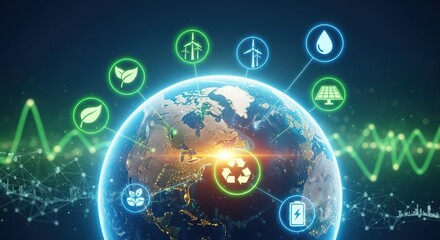 digital representation of global renewable energy growth with diagnostics and environmental symbols