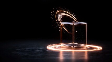 A transparent cube sits on a dark, reflective surface, surrounded by glowing orange light rings and swirling light trails with scattered particles.