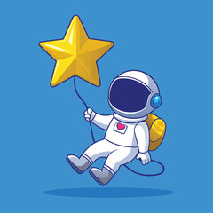 Cute astronaut holding a golden star balloon, floating in space, cartoon vector illustration on blue background