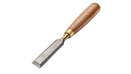 Single Wood Chisel with Polished Wooden Handle Isolated on Transparent Background