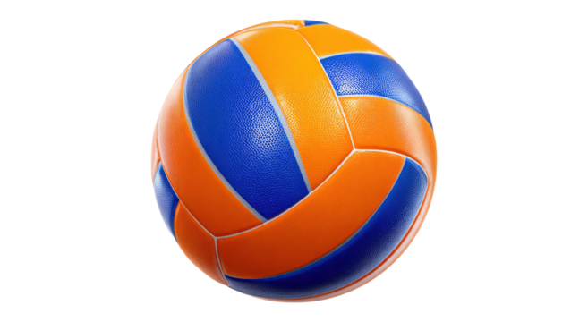 Detailed image of a blue and orange volleyball on transparent background