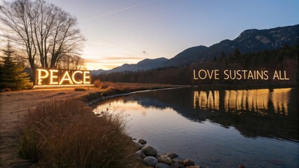 Evening Scene with Illuminated Words Reflected in Calm Water