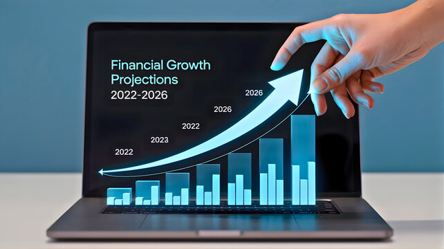 Laptop screen displaying financial growth projections 2022-2026 with upward trending bar graph