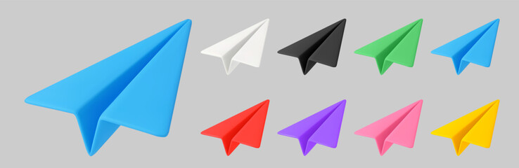 Paper airplane 3D icons. Plane mail send and newsletter, message icon, flying color origami paper planes. Realistic cartoon render symbol for innovation, business vision, travel concept. Vector set