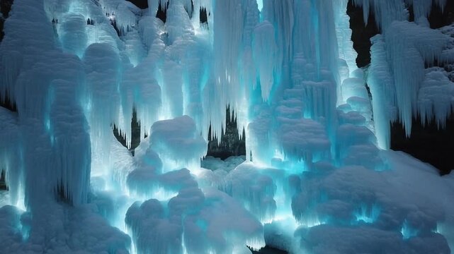 Stunning Blue-Lit Ice Formations and Icicles in a Winter Wonderland.