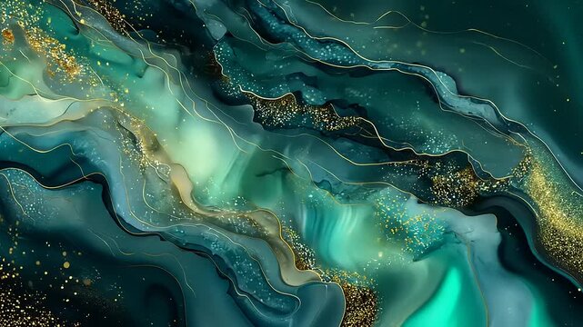 Abstract swirling patterns of teal and gold with a cosmic feel, evoking tranquility and depth