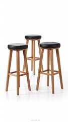Three wooden stools with black seats on white