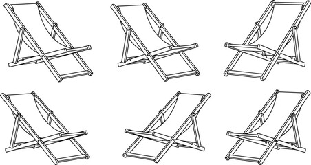 Six simple line drawings of folding beach chairs arranged in a grid pattern