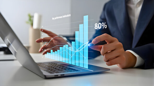 Businessman using a laptop to analyze a holographic financial chart showing an 80 percent growth rate, representing success, investment, and data visualization