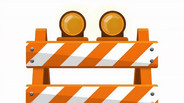 Orange and white striped construction barrier with flashing lights isolated illustration