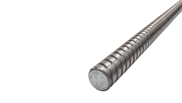 Single Reinforcement Steel Rebar Rod with Texture Isolated on Transparent Background