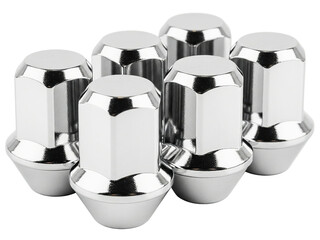Set of new shiny chrome lug nuts for an automotive wheel on a transparent background