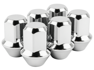 Set of new shiny chrome lug nuts for an automotive wheel on a transparent background
