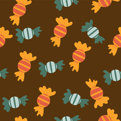 A seamless background image of Christmas-themed candy on a dark background. Suitable for cards, packaging, backgrounds, or wallpaper. Hand-drawn image.
