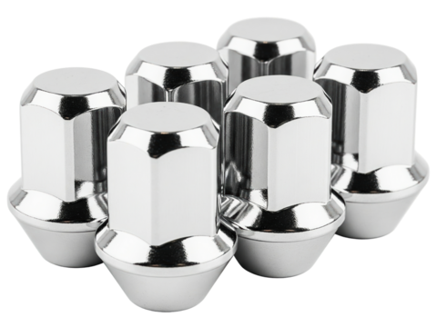 Set of new shiny chrome lug nuts for an automotive wheel on a transparent background