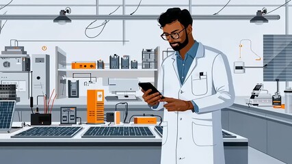 Scientist in laboratory checking smartphone while surrounded by scientific equipment and solar panels - Powered by Adobe