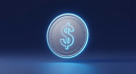 Glowing digital dollar metal coin with futuristic blue neon effect floating on dark background