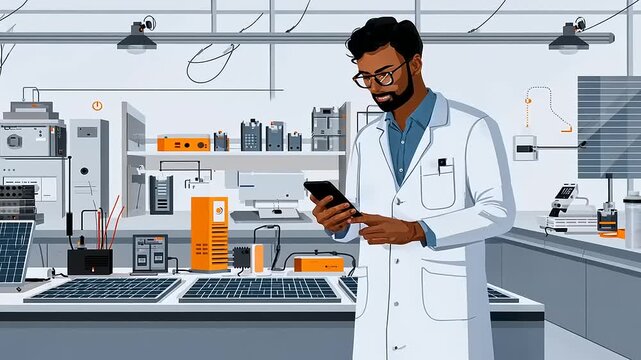 Scientist in laboratory checking smartphone while surrounded by scientific equipment and solar panels - Powered by Adobe