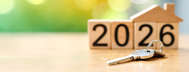 Keys to a new house and wooden model of mini house with numbers for the New Year 2026 on a table. Concept of construction, real estate market and construction investments. Banner with copy space.