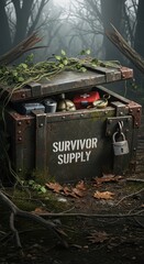 Weathered metal crate containing essential gear sits open in a dense, misty forest setting