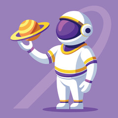 Cartoon astronaut character in a spacesuit holding a miniature saturn planet in outer space