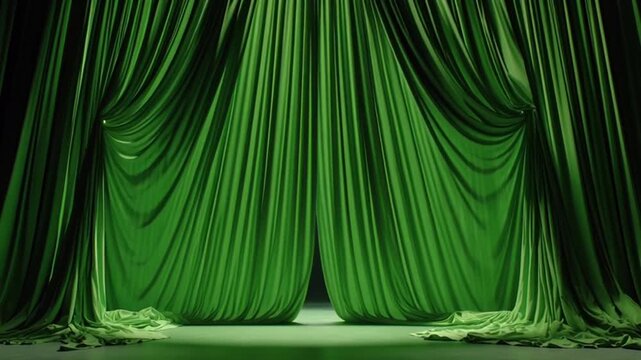 Lush green velvet stage curtains slightly parted in a dramatic theatrical setting.