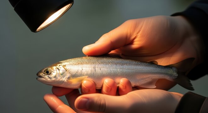 Hands carefully examining a small fish under bright light