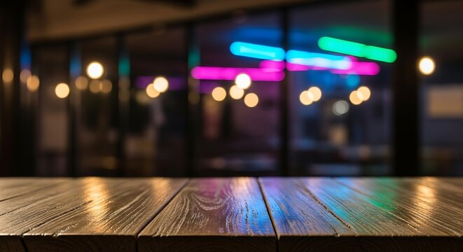 Warmly lit wooden table surface reflects vibrant neon lights from a blurred urban nightlife scene