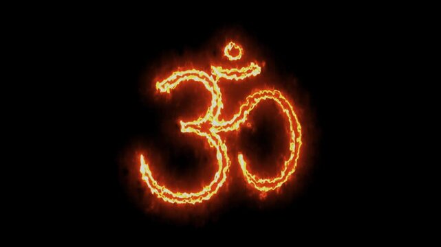 glowing neon om icon animation on black background, fire effect om 