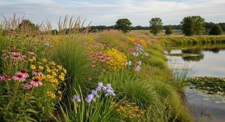 Obraz premium Vibrant wildflower meadow by a tranquil lakeside in bloom