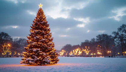 Outdoor Christmas Tree with Sparkling Lights in Snowy Evening — Holiday Event Photography