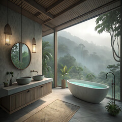 Lush forest view from modern luxury bathroom with freestanding tub