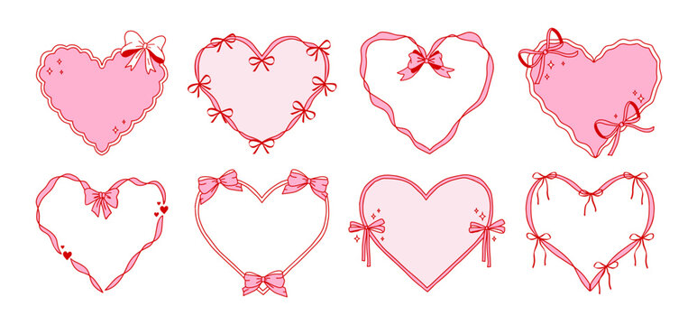Heart frame border in pink coquette style with cute doodle ribbon and bow. Whimsical design for love, romance and valentines day or wedding. Vector template for gift box, party invitation card