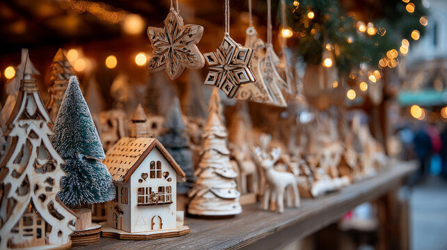 Cozy christmas market, wooden decoration, holiday lights, craft ornaments, winter charm - Powered by Adobe