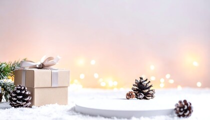 Gift box tied with ribbon on snow, pine cones, and soft blurry light background creates a festive, elegant aesthetic