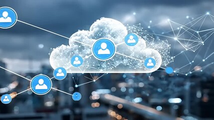 Cloud computing concept with user icons, digital connections, and a city skyline in the background - Powered by Adobe